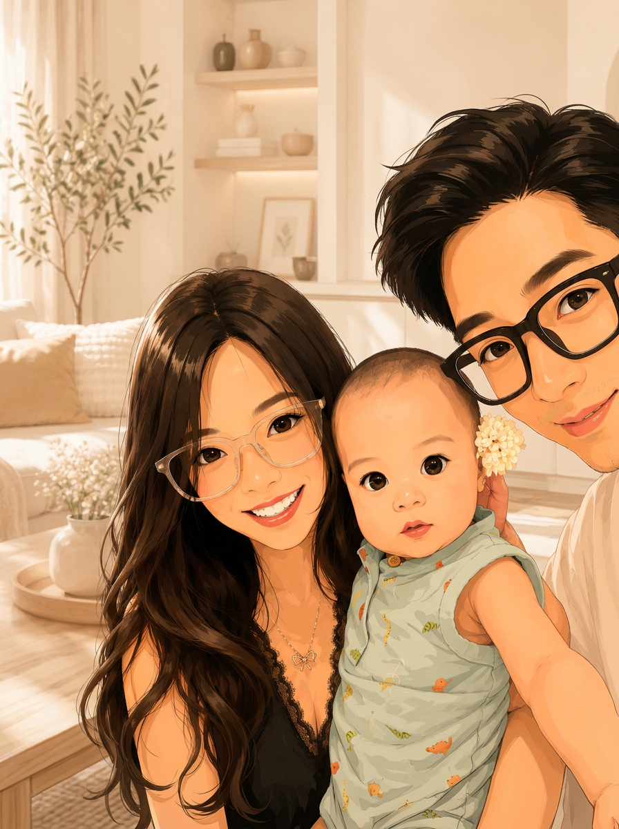 A mother and father holding their baby at home